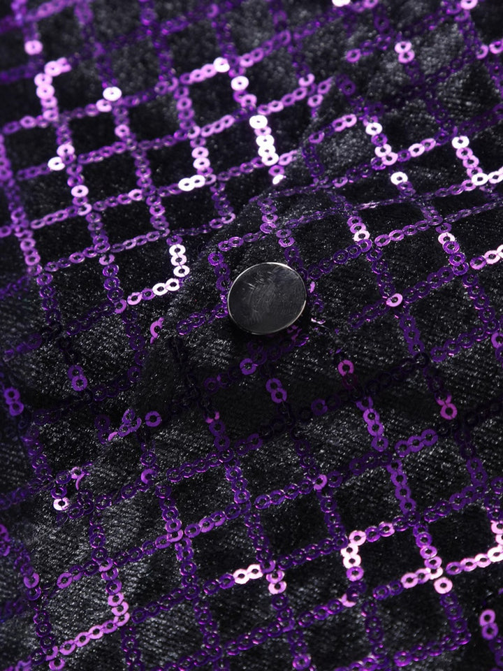 Gilet homme violet, sequins, col V, droit, boutons, scintillant, avec poche et ceinture