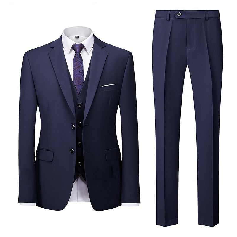 Costume homme 3 pièces bleu marine, affaires, coupe standard, droit, 2 boutons, pour mariage/galas