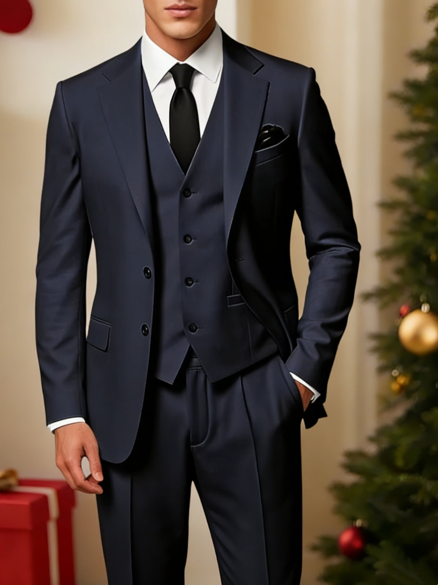 Costume homme 3 pièces bleu marine, affaires, coupe standard, droit, 2 boutons, pour mariage/galas