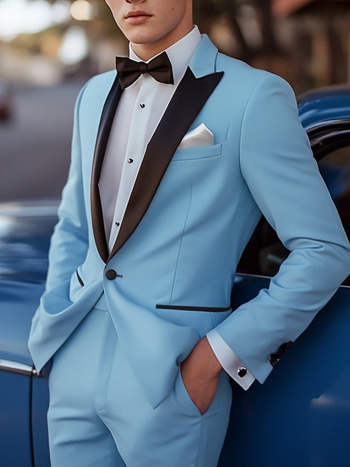 Costume homme 2 pièces bleu ciel, droit, 1 bouton, coupe standard, pour mariage/plage/galas