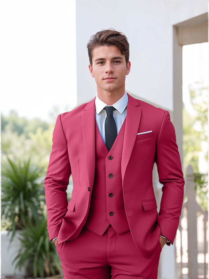 Costume homme 3 pièces fuchsia, droit, 2 boutons, coupe standard, uni, pour mariage/plage/galas