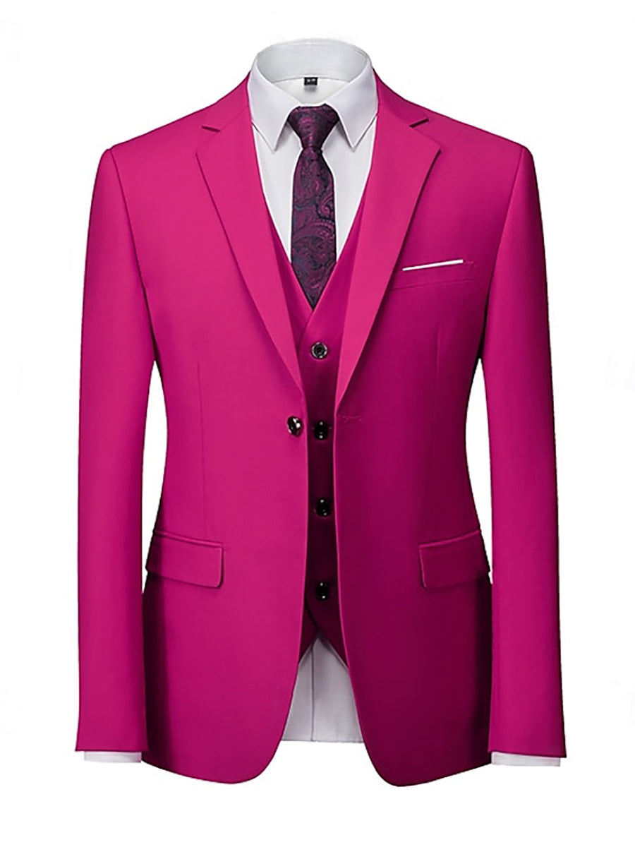 Costume homme 3 pièces fuchsia, droit, 2 boutons, coupe standard, uni, pour mariage/plage/galas