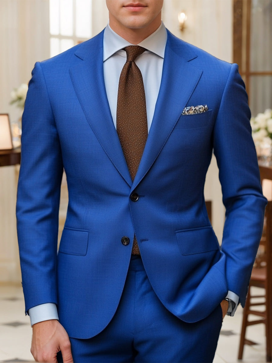 Costume homme 2 pièces bleu, droit, 2 boutons, revers cranté, élégant, pour mariage/plage/galas