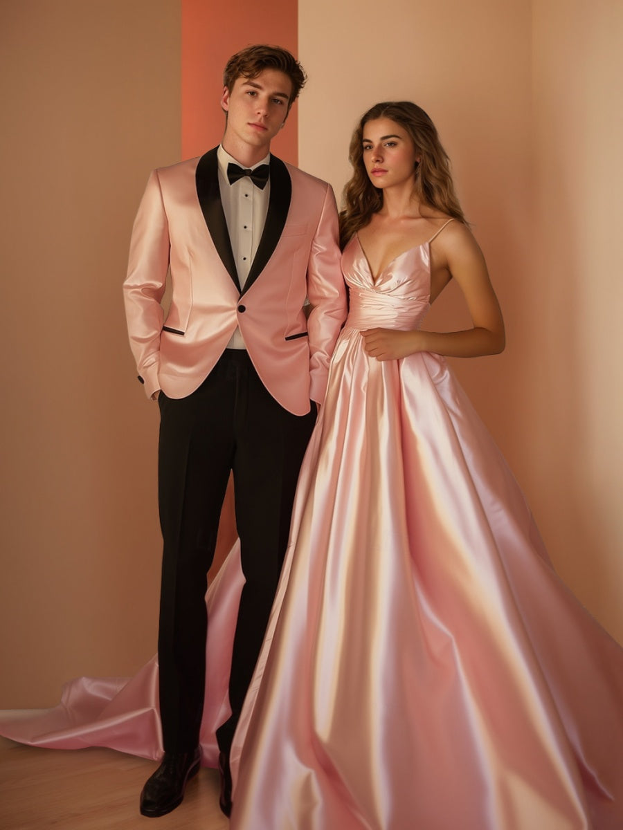 Costume homme 2 pièces rose et noir, droit, 1 bouton, col châle, pour mariage/galas