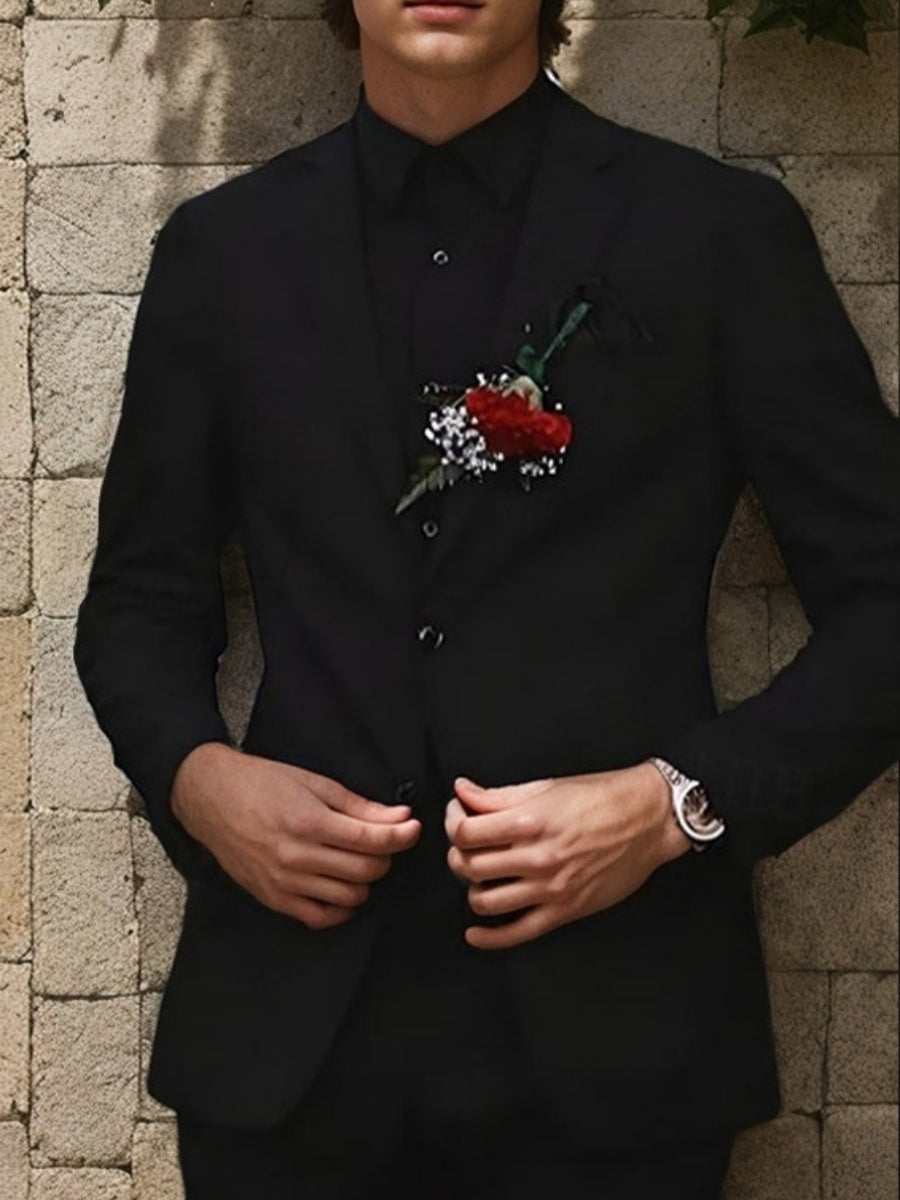 Costume homme 2 pièces noir, droit, 2 boutons, revers cranté, pour mariage/galas