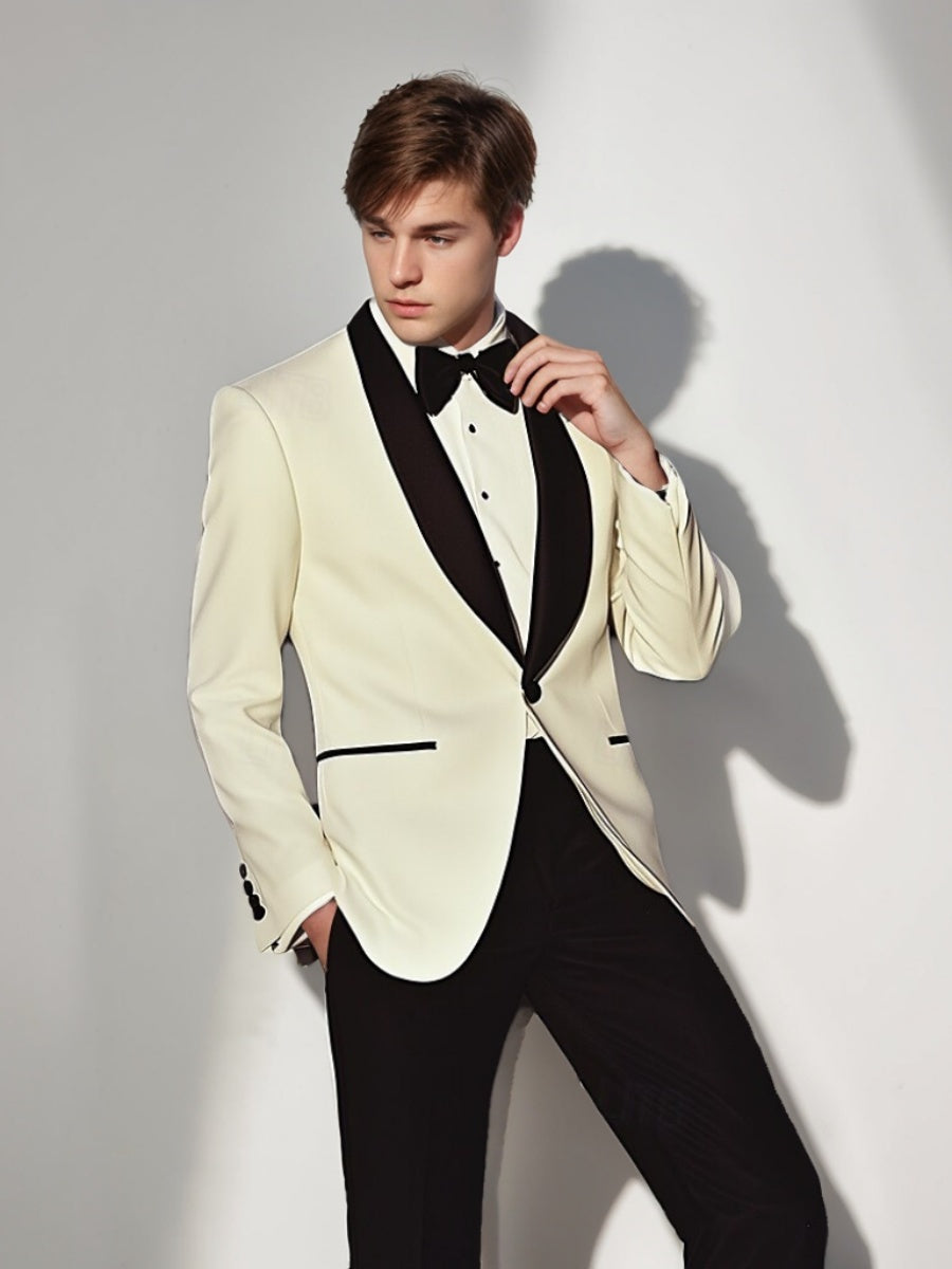 Costume homme 2 pièces noir et blanc, droit, 1 bouton, col châle, cérémonie/galas