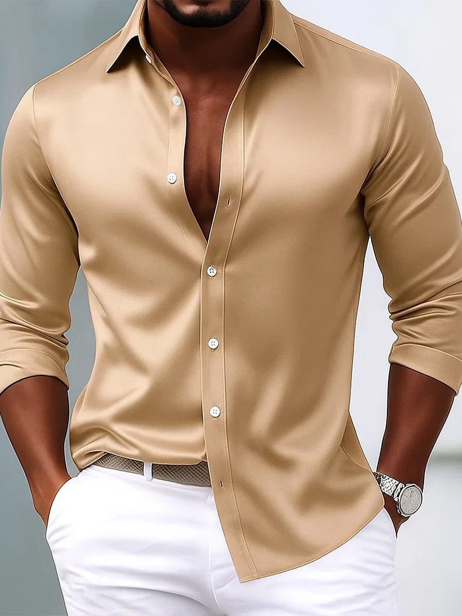 Chemise homme à revers, manches longues, respirante, coupe slim, uni