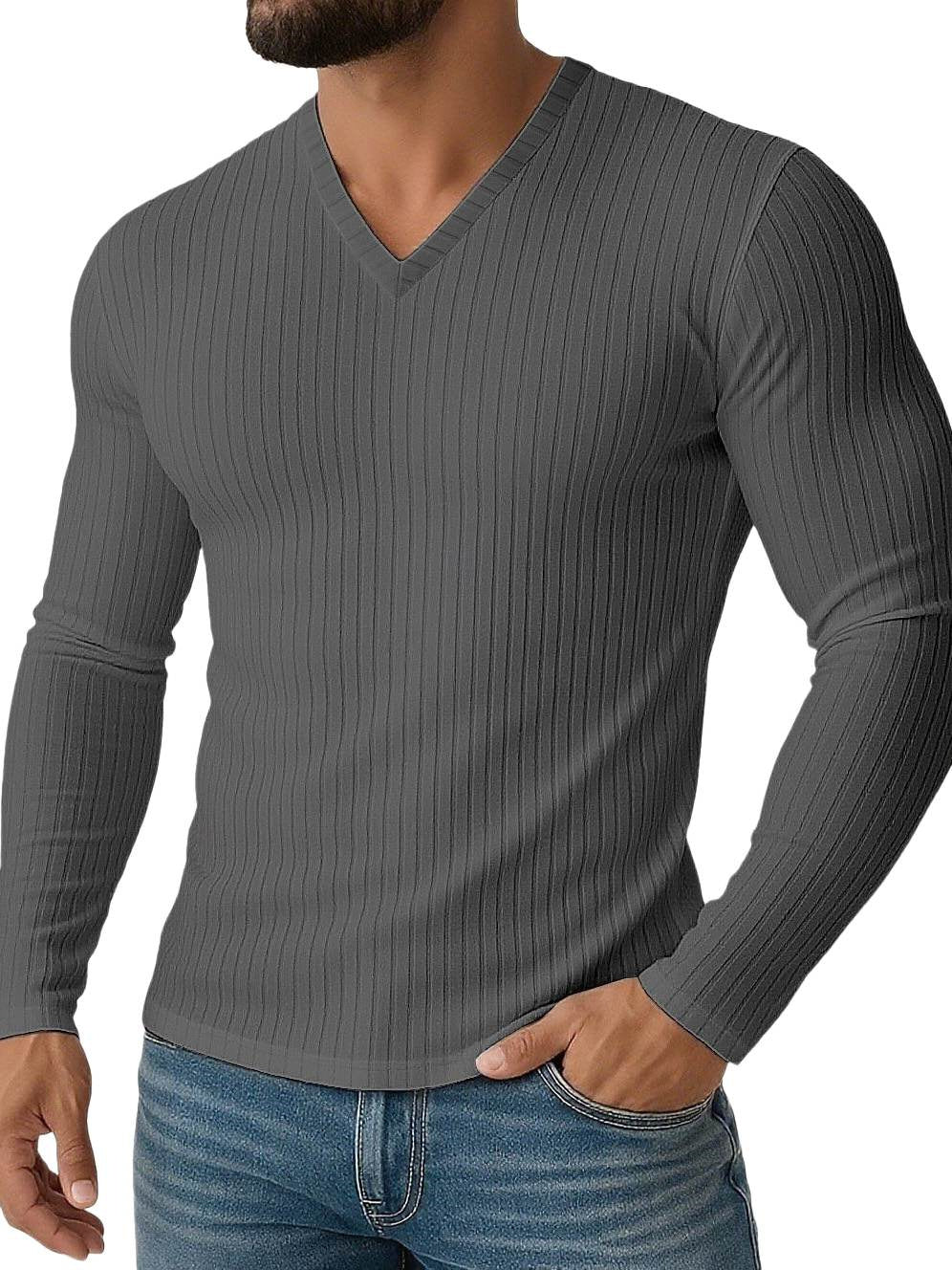 Chemise homme stretch, coupe slim, col V, manches longues, uni