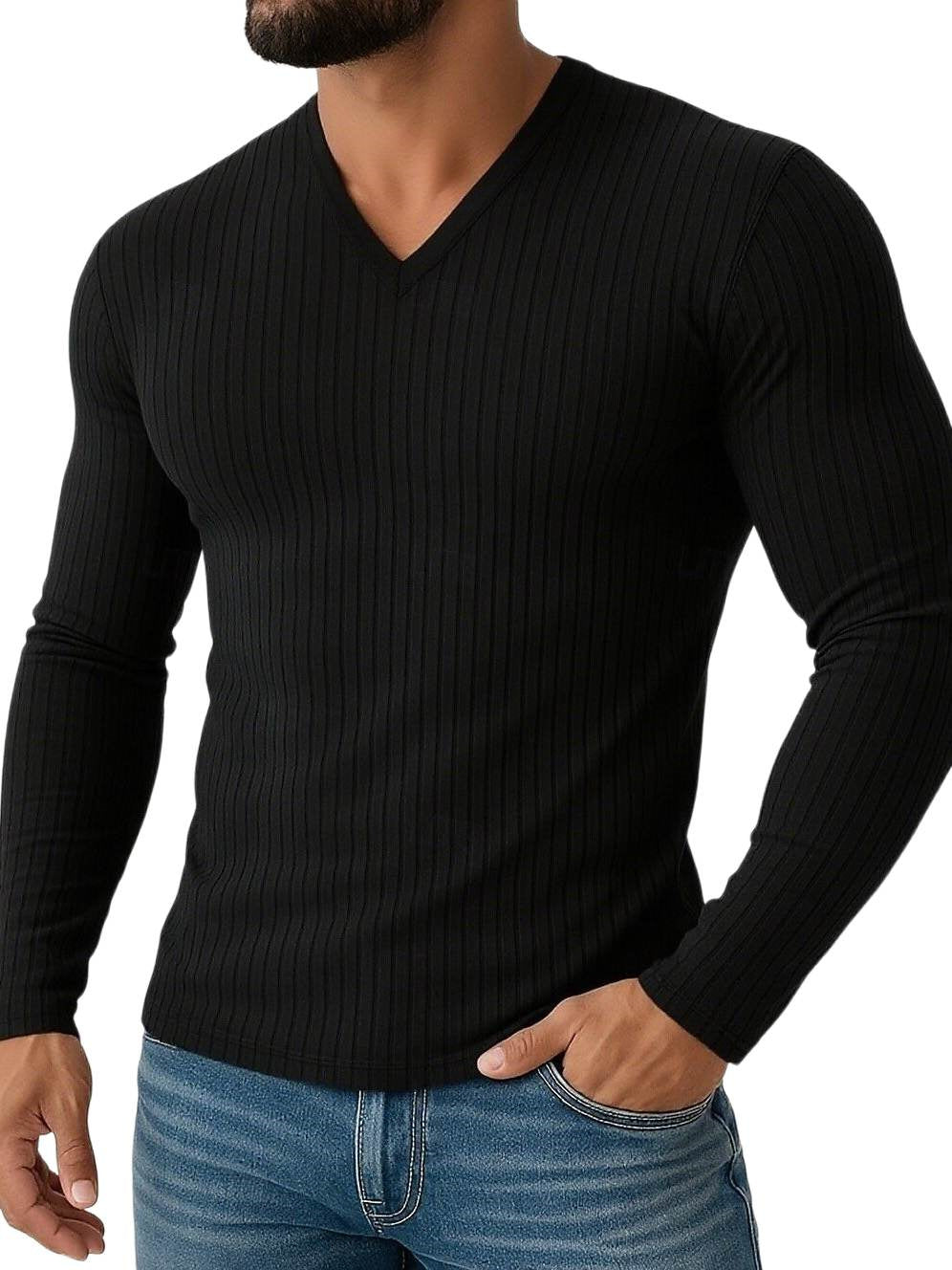 Chemise homme stretch, coupe slim, col V, manches longues, uni