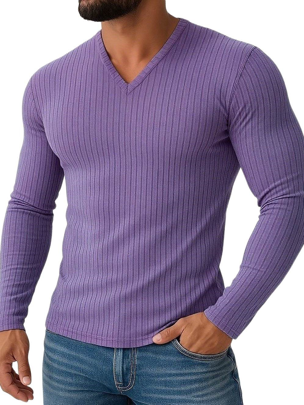Chemise homme stretch, coupe slim, col V, manches longues, uni