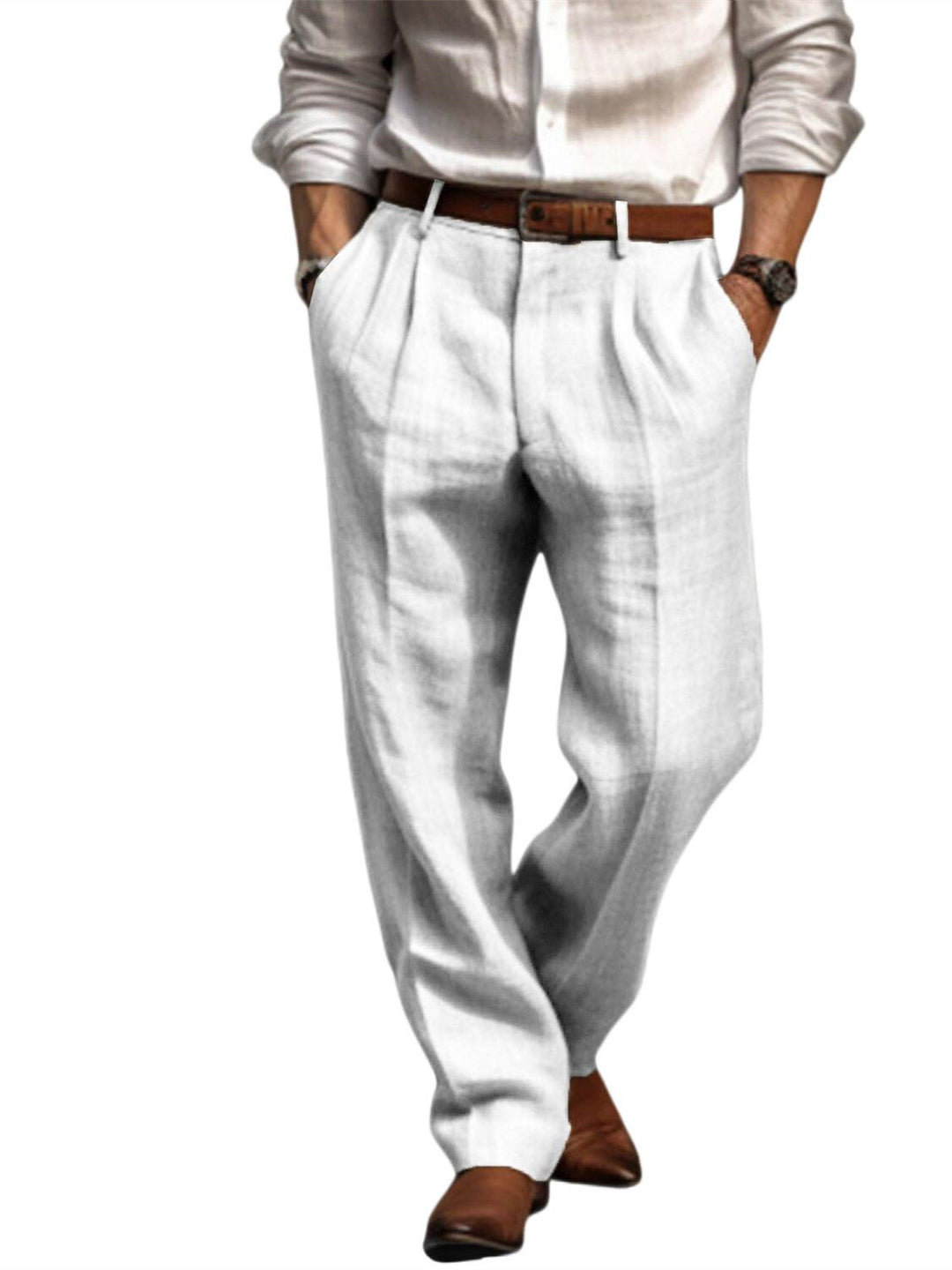 Pantalon homme lin, long, été, plissé, mode
