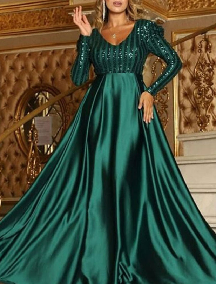 Forme Princesse Col V Manches longues Robes de soirée pour bal avec Paillettes