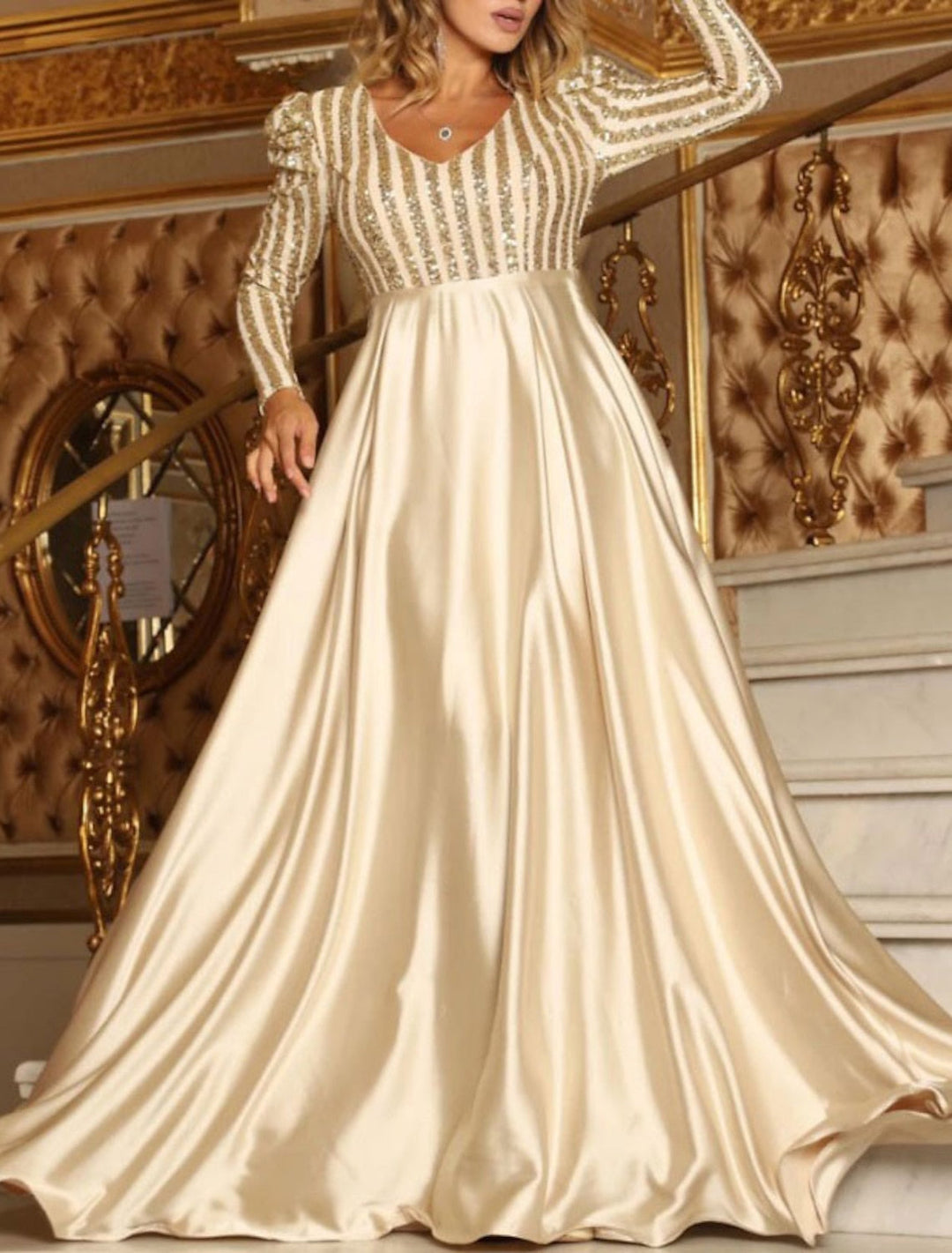 Forme Princesse Col V Manches longues Robes de soirée pour bal avec Paillettes