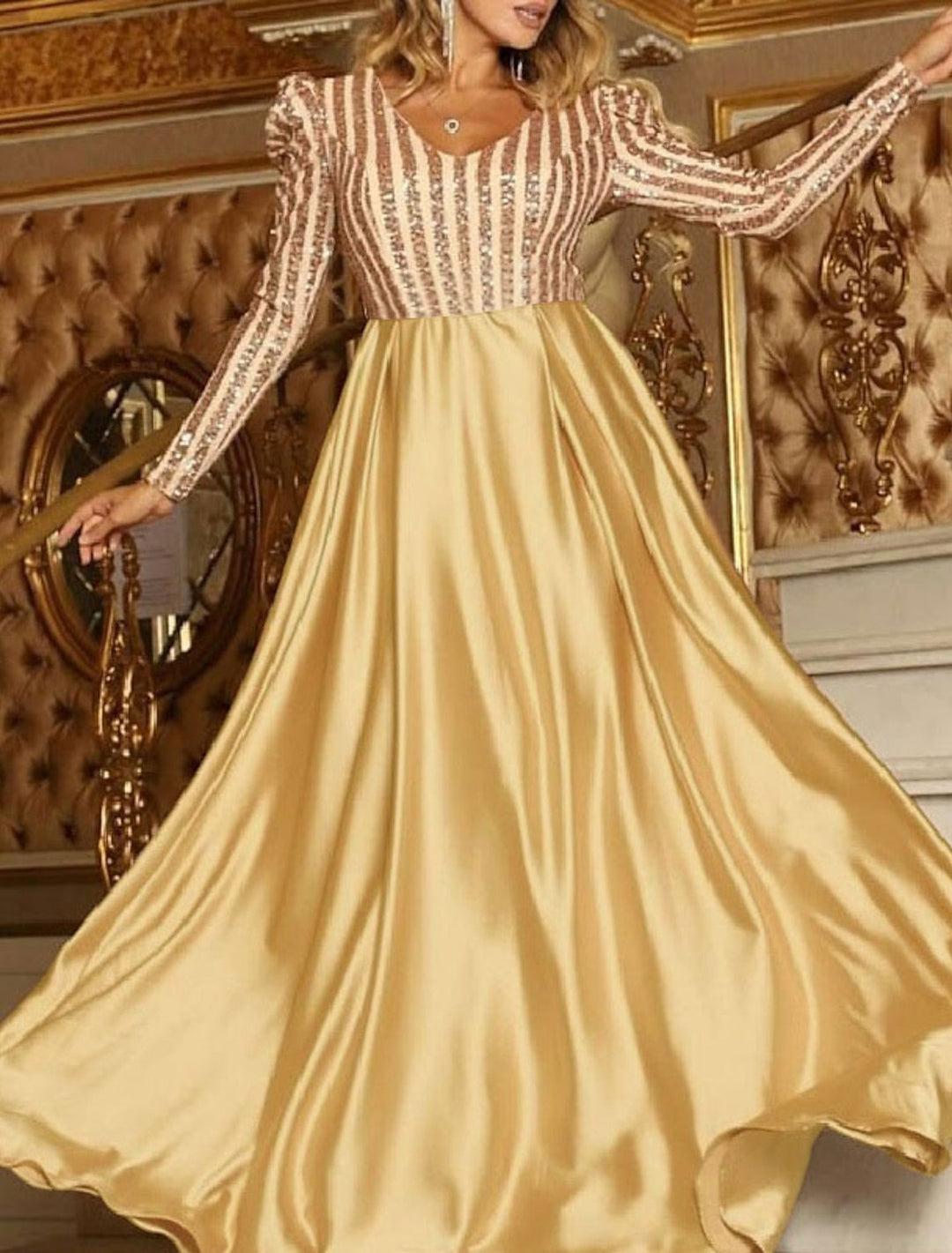 Forme Princesse Col V Manches longues Robes de soirée pour bal avec Paillettes