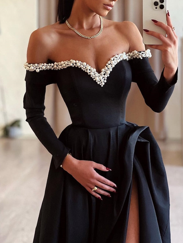 Robe de bal épaules dénudées longueur au sol robes de bal longues avec c?té fendu et perles