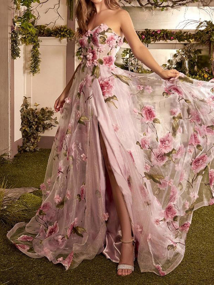 Forme Princesse Sans bretelles Longue Fête scolaire Robes florales avec C?té fendu