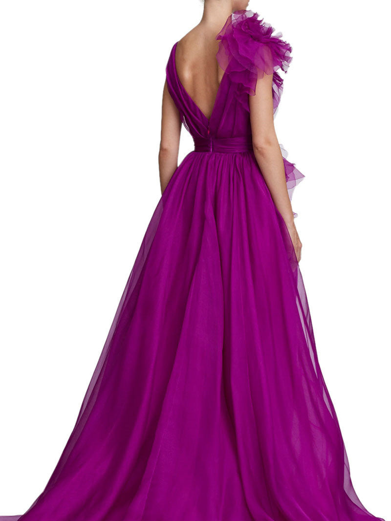Robe de Soirée Longue de Forme Trapèze/Princesse à Col en V Sans Manches et Longueur Au Sol avec Fente Sur le Côté