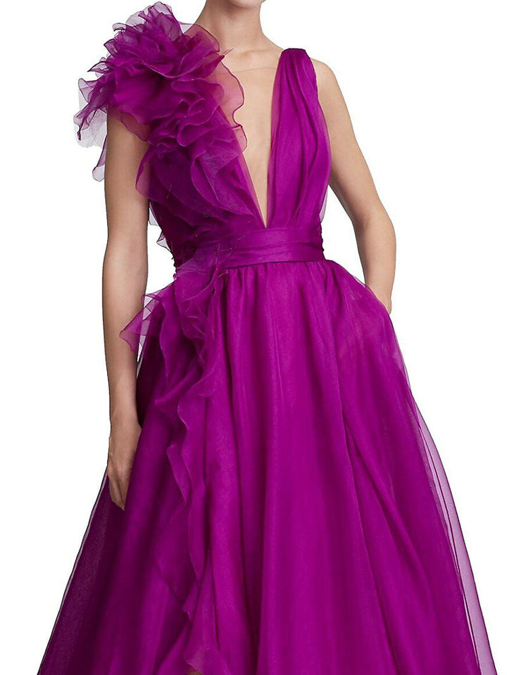 Robe de Soirée Longue de Forme Trapèze/Princesse à Col en V Sans Manches et Longueur Au Sol avec Fente Sur le Côté