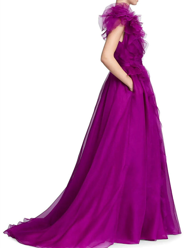 Robe de Soirée Longue de Forme Trapèze/Princesse à Col en V Sans Manches et Longueur Au Sol avec Fente Sur le Côté