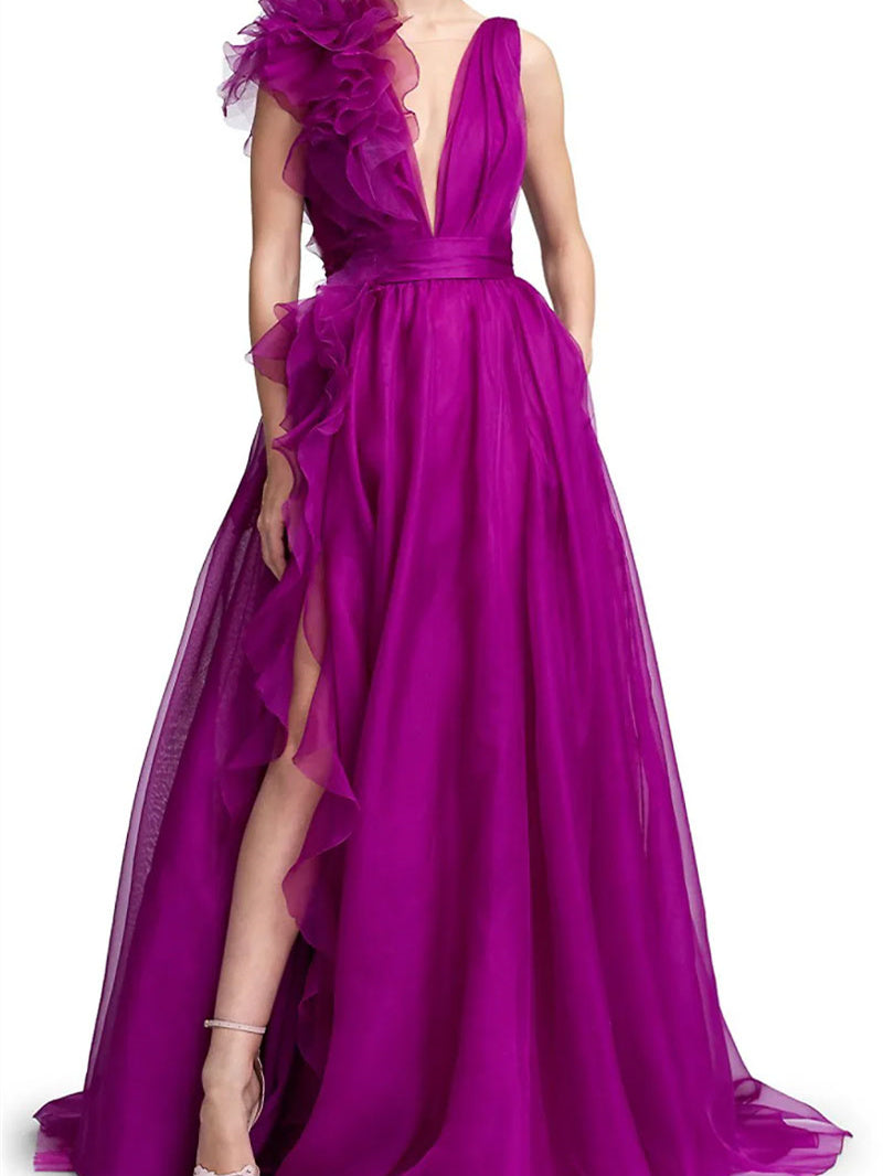 Robe de Soirée Longue de Forme Trapèze/Princesse à Col en V Sans Manches et Longueur Au Sol avec Fente Sur le Côté