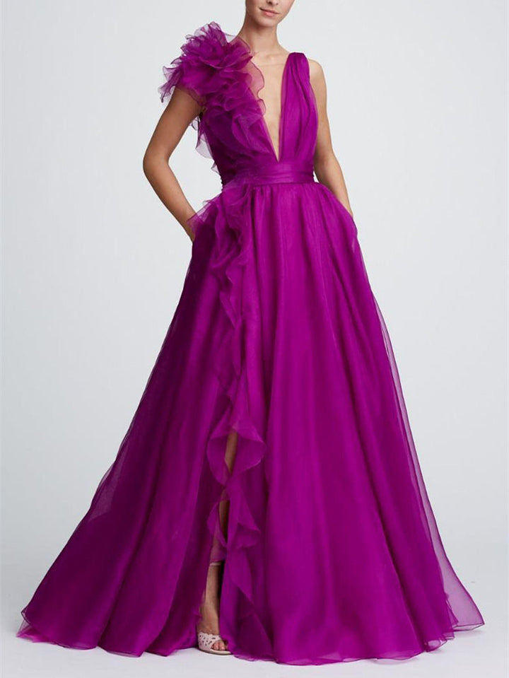 Robe de Soirée Longue de Forme Trapèze/Princesse à Col en V Sans Manches et Longueur Au Sol avec Fente Sur le Côté