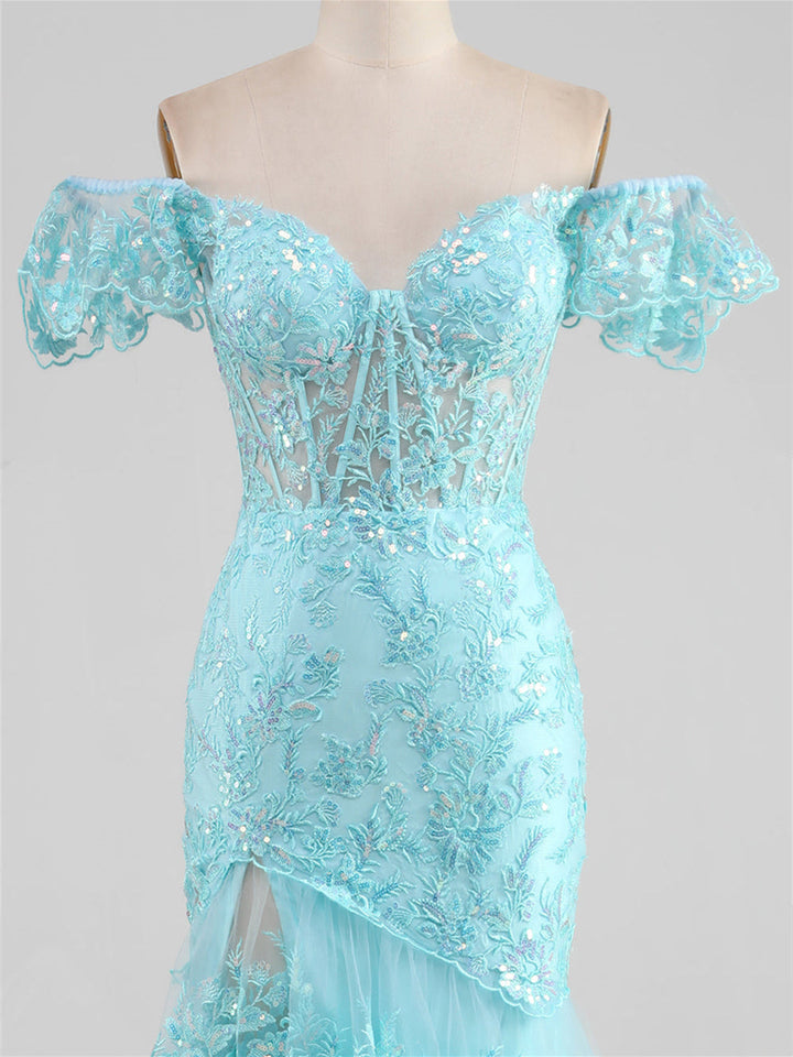 Robe de soirée sirène/trompette chérie, épaules dénudées, longueur au sol, avec fente sur le c?té