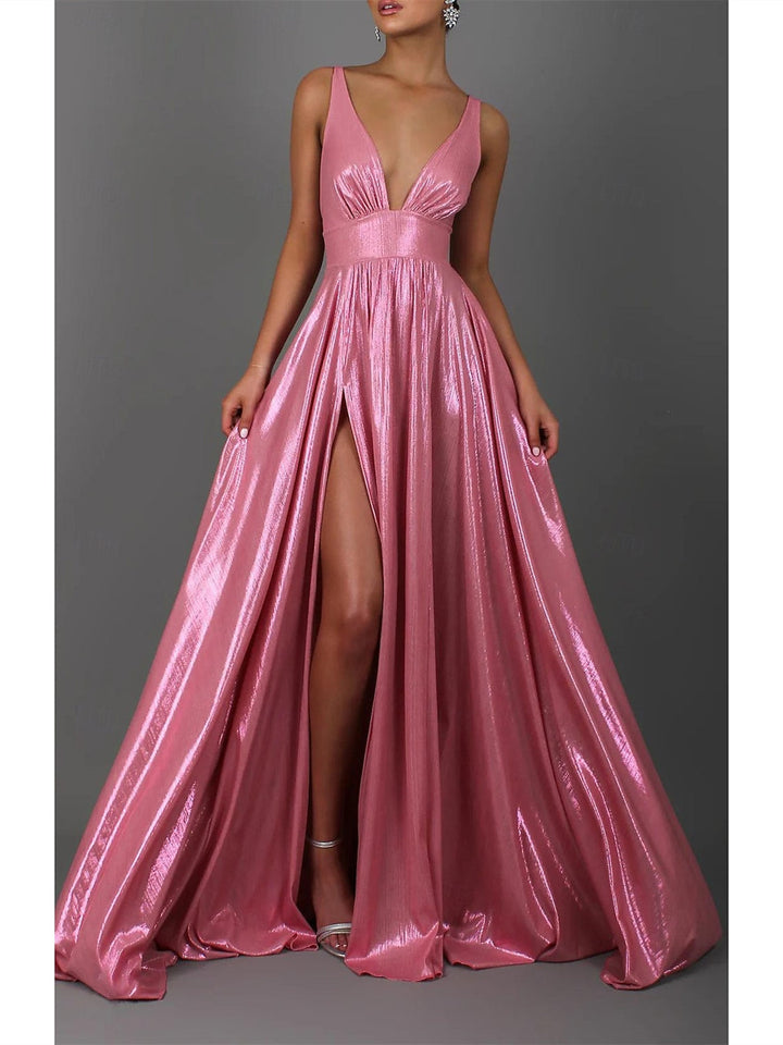 Robe de Bal Trapèze/Princesse Sans Manches, Col en V, Longueur Au Sol, avec Plis