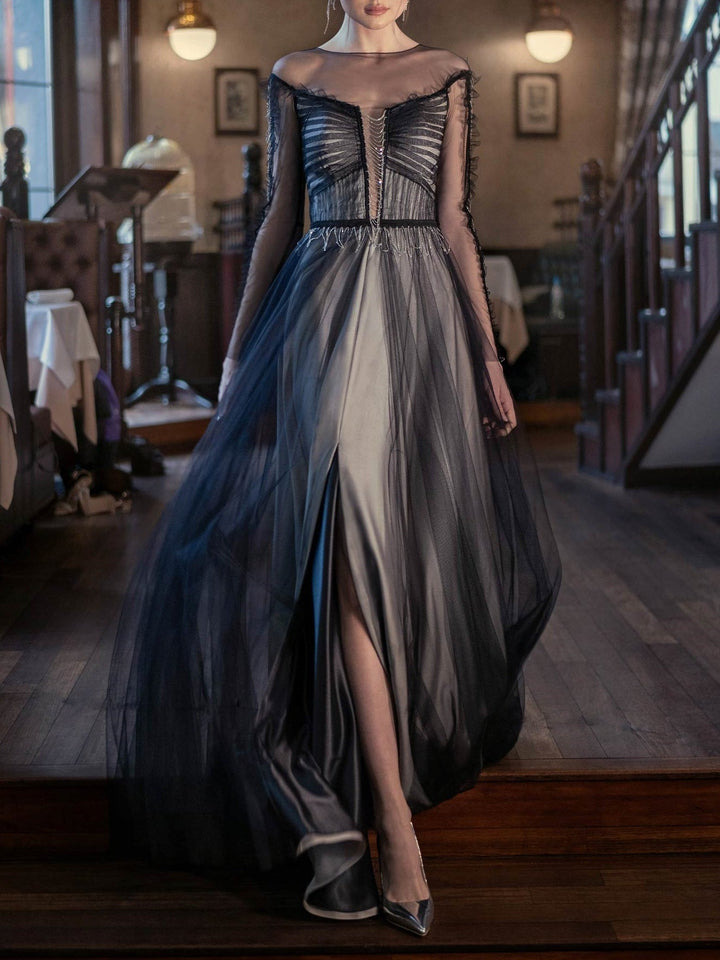 Robe de Soirée Trapèze/Princesse à Manches Longues et Décolleté Plongeant avec Fente Sur le Côté