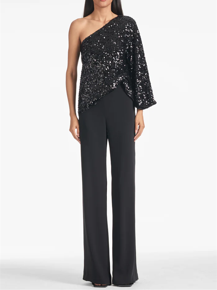 Robe de Soirée Noire à Une Épaule avec Sequins