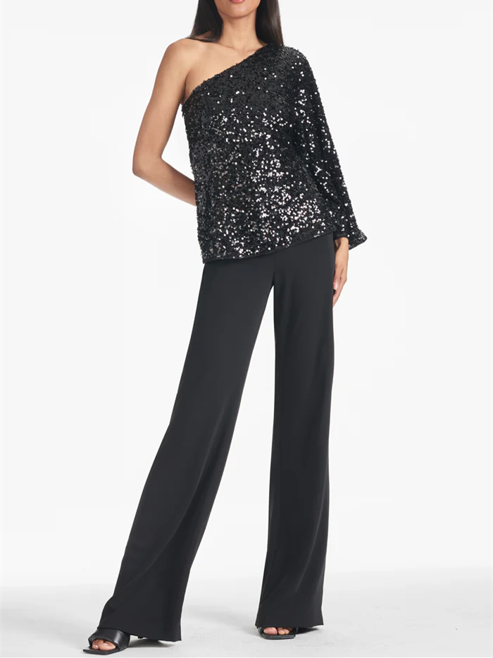 Robe de Soirée Noire à Une Épaule avec Sequins