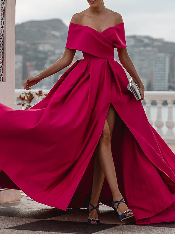 Robe de Soirée Trapèze/Princesse à Épaules Dénudées et Manches Courtes, Longueur Au Sol