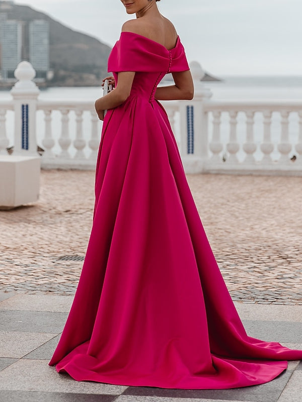 Robe de Soirée Trapèze/Princesse à Épaules Dénudées et Manches Courtes, Longueur Au Sol