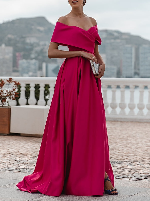 Robe de Soirée Trapèze/Princesse à Épaules Dénudées et Manches Courtes, Longueur Au Sol