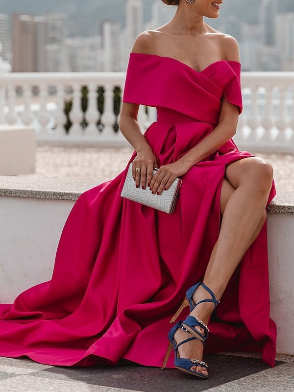 Robe de Soirée Trapèze/Princesse à Épaules Dénudées et Manches Courtes, Longueur Au Sol