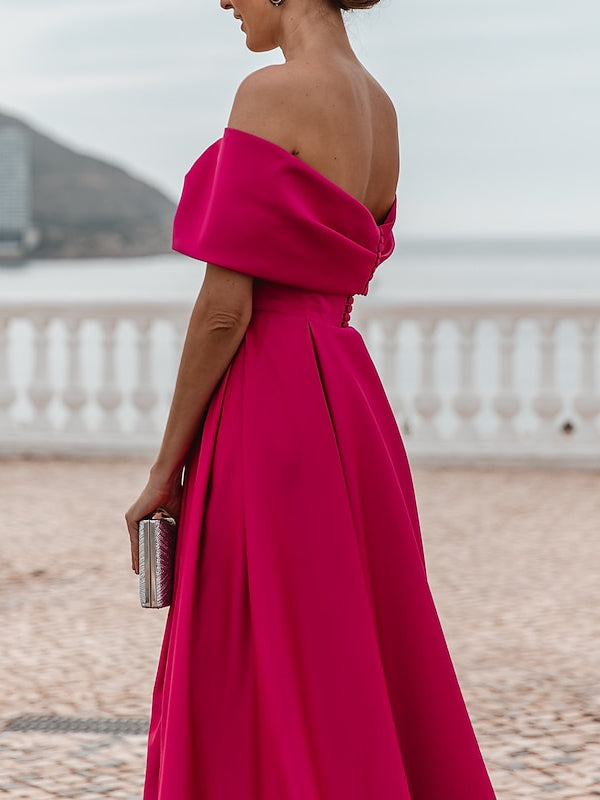 Robe de Soirée Trapèze/Princesse à Épaules Dénudées et Manches Courtes, Longueur Au Sol
