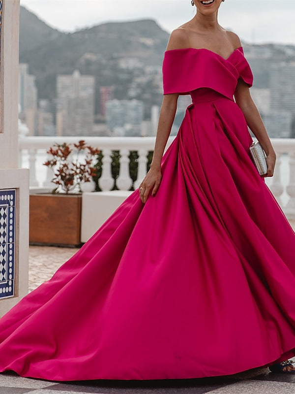 Robe de Soirée Trapèze/Princesse à Épaules Dénudées et Manches Courtes, Longueur Au Sol