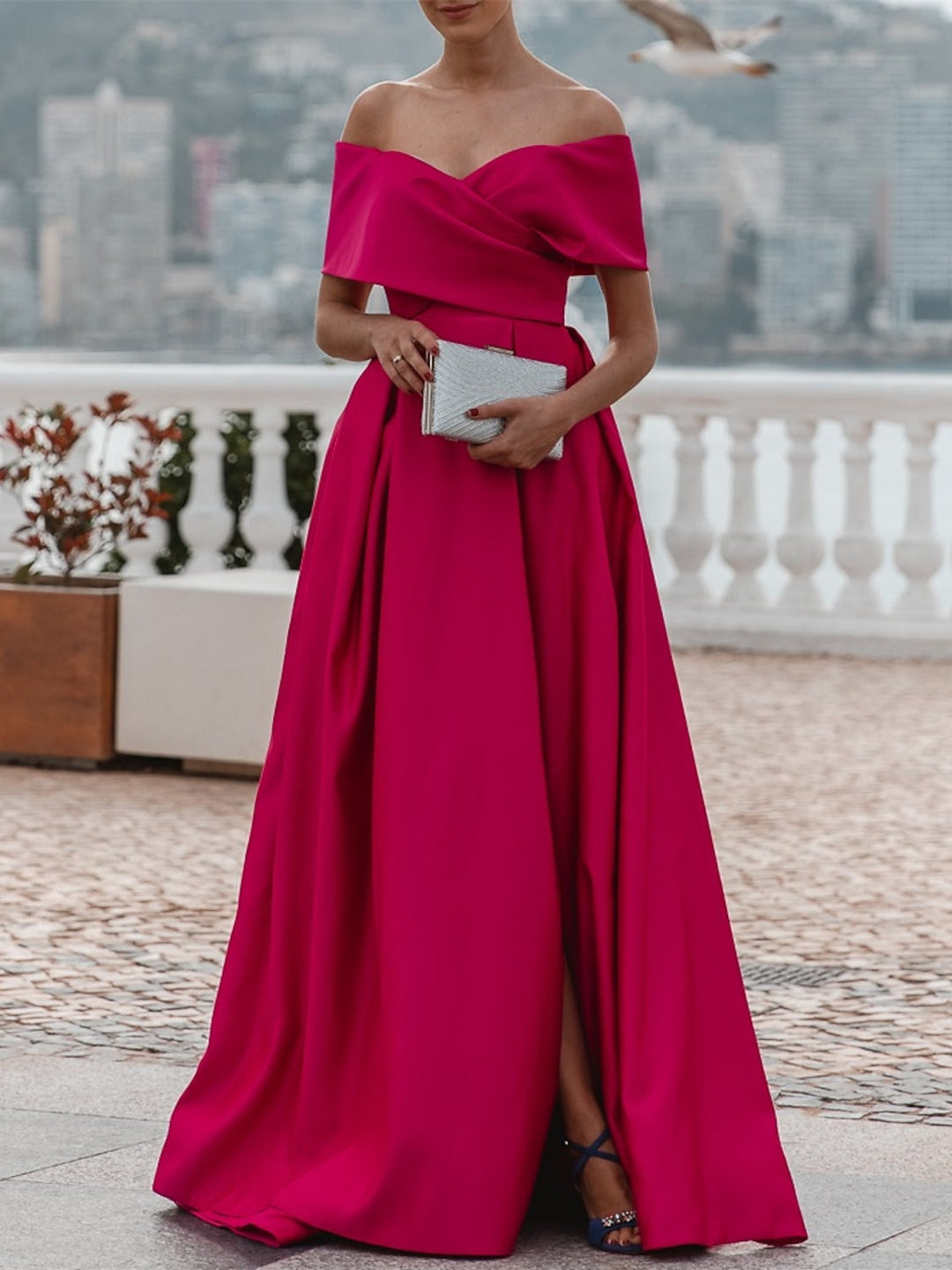 Robe de Soirée Trapèze/Princesse à Épaules Dénudées et Manches Courtes, Longueur Au Sol