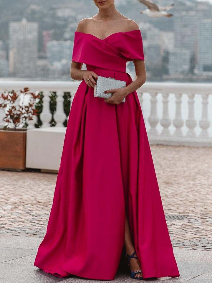 Robe de Soirée Trapèze/Princesse à Épaules Dénudées et Manches Courtes, Longueur Au Sol