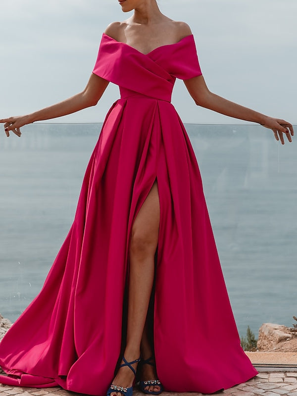 Robe de Soirée Trapèze/Princesse à Épaules Dénudées et Manches Courtes, Longueur Au Sol