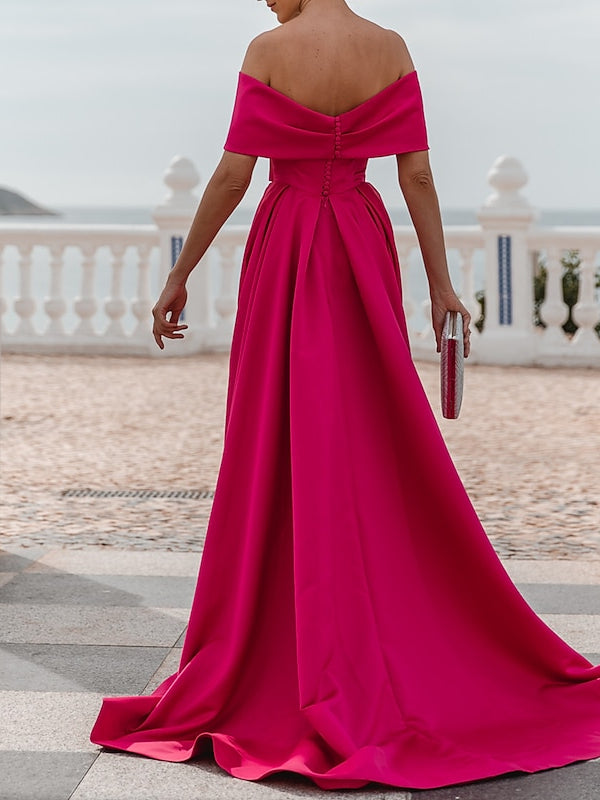 Robe de Soirée Trapèze/Princesse à Épaules Dénudées et Manches Courtes, Longueur Au Sol