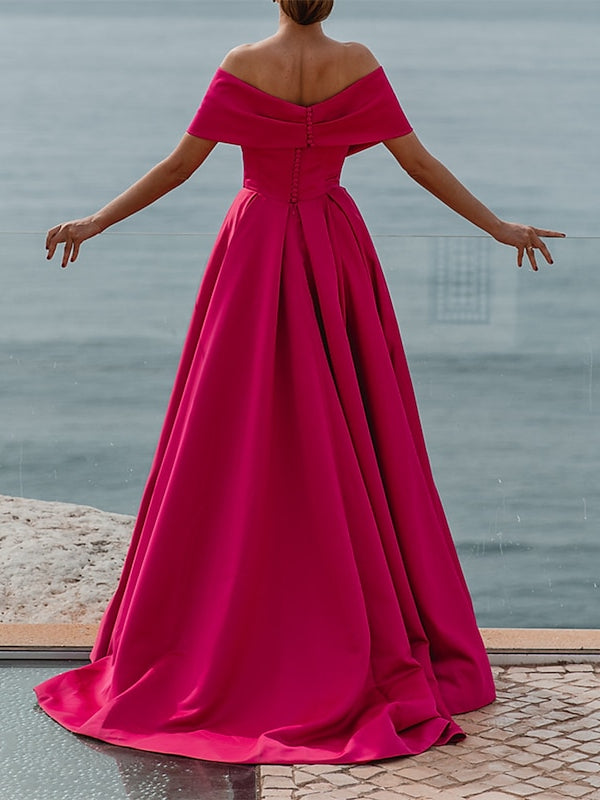 Robe de Soirée Trapèze/Princesse à Épaules Dénudées et Manches Courtes, Longueur Au Sol