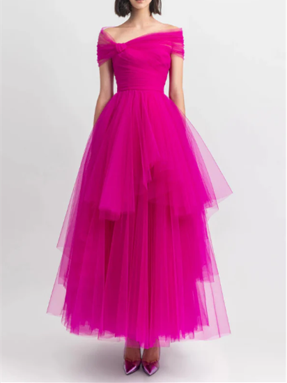 Robe de Soirée Trapèze/Princesse à Épaules Dénudées et Longueur Cheville