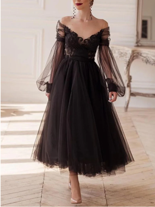 Robe de Soirée Trapèze/Princesse à Col en V et Manches Longues, Longueur Cheville