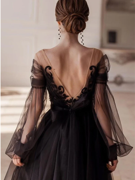 Robe de Soirée Trapèze/Princesse à Col en V et Manches Longues, Longueur Cheville