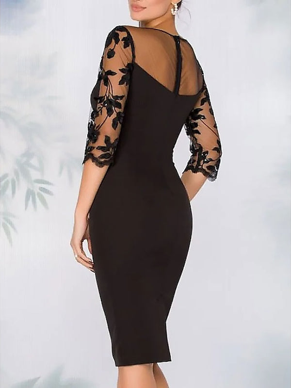 Robe de Cocktail Fourreau/Colonne à Col Illusion Longueur Genou avec Perles