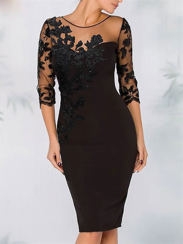 Robe de Cocktail Fourreau/Colonne à Col Illusion Longueur Genou avec Perles