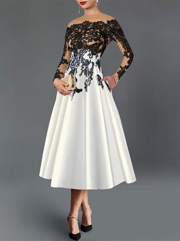 Robe de Cocktail Trapèze/Princesse à Encolure Illusion et Longueur Thé avec Manches en Dentelle