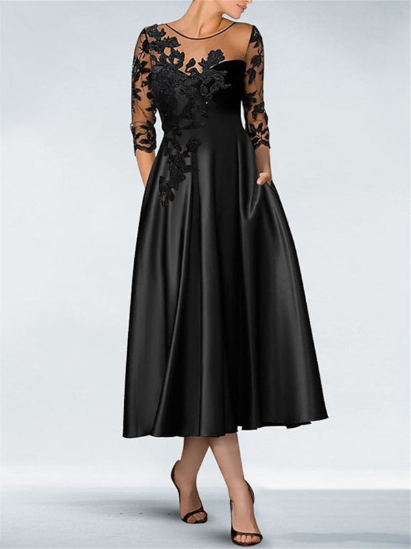 Robe de Cocktail Trapèze/Princesse à Encolure Illusion et Longueur Thé