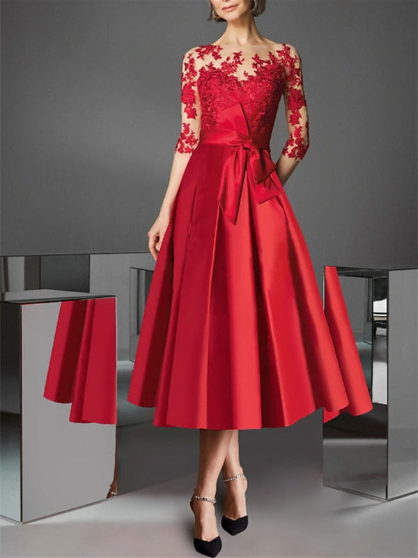 Robe de Cocktail Trapèze/Princesse à Encolure Illusion et Longueur Thé avec Nœud