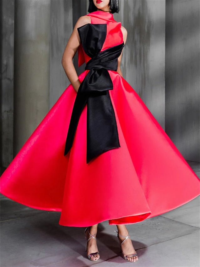 Robe de Cocktail à Col Montant et Longueur Cheville avec Nœud Papillon